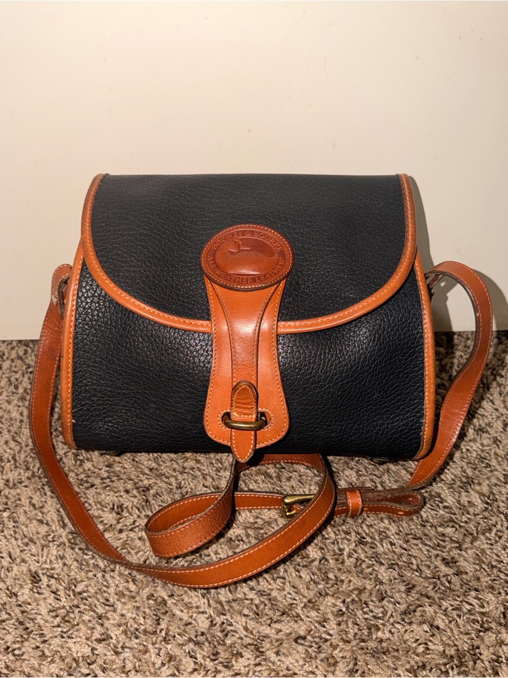 Vintage Dooney & Bourke Black Suede Interior Messenger Bag with Tan Leather Trim